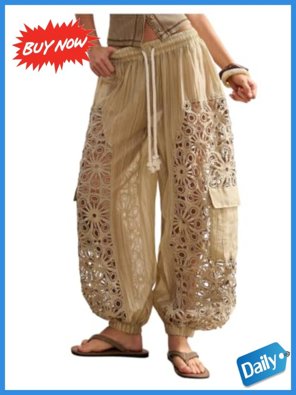 Women's Boho Lace Balloon Pants Crochet Hollow Out Baggy Cargo Harem Pants
